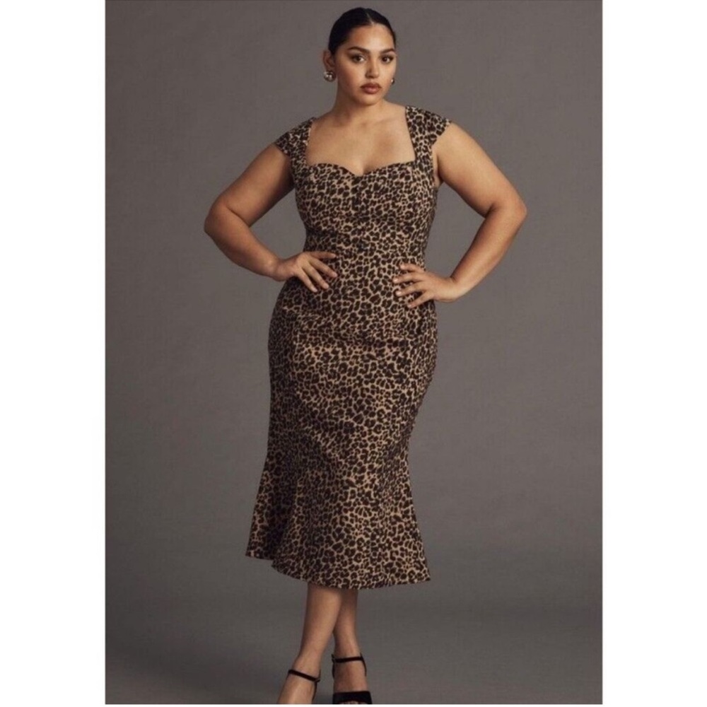 NEW Anthropologie Cecily Fit & Flare Sweetheart Midi Dress Cheetah Leopard L